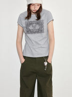 fano Lyocell Blend Heather Gray Printed Slim Korean Crewneck Short Sleeve T-Shirts