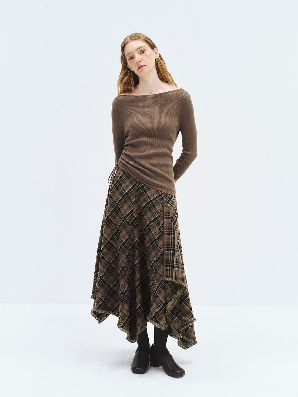 someonesometimes High Waist Vintage Irregular Hem Loose Fit Olive Check Casual Women Maxi Skirts