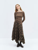 someonesometimes High Waist Vintage Irregular Hem Loose Fit Olive Check Casual Women Maxi Skirts
