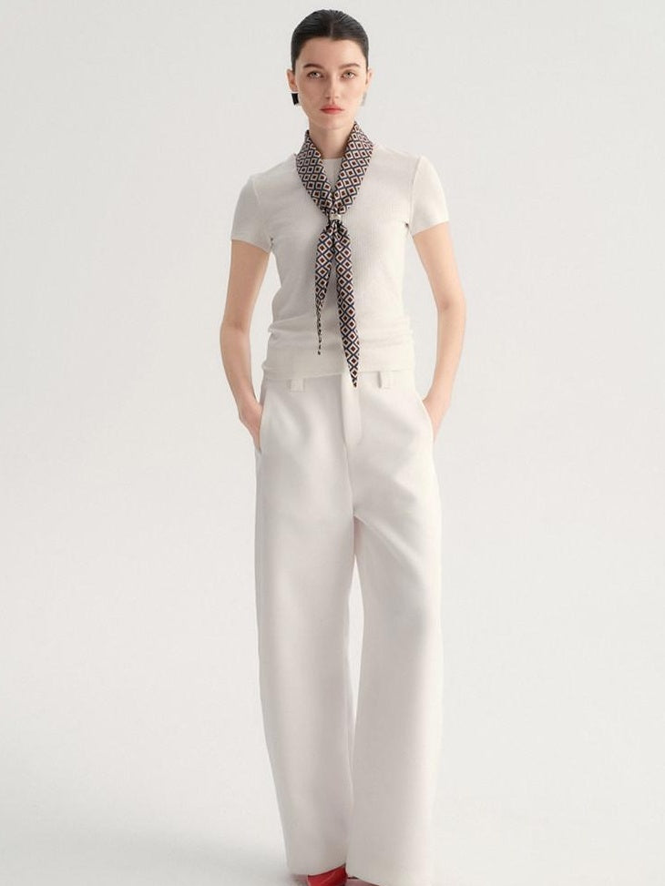 audreyyang Smart Office Natural Waist Zip Fly Polyester Blend Black White Straight Pants