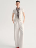 audreyyang Smart Office Natural Waist Zip Fly Polyester Blend Black White Straight Pants