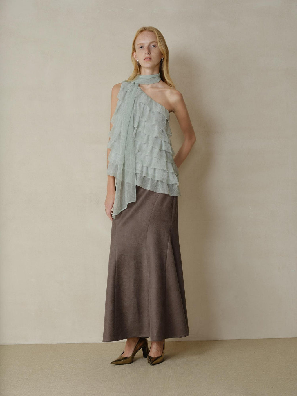 someonesometimes Sheer Mesh Wave Tie Lightweight Workwear Women Mint Green Off Shoulder Crop Tops