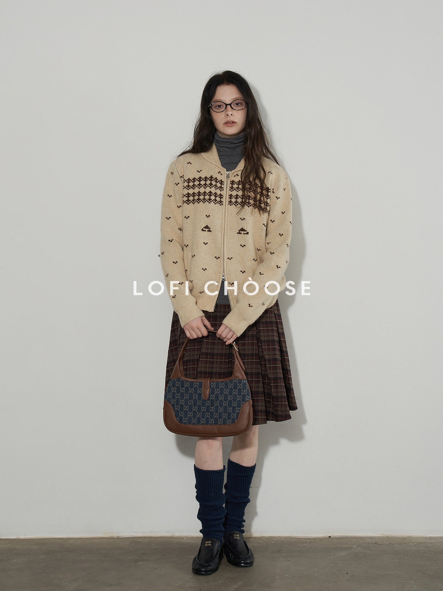 Lofi choose Cozy Thick Vintage Colorblock Loose Zip Lapel Collar Women Caramel Cardigans