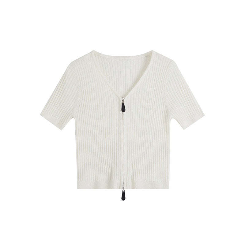 fano_Soft_Minimalist_V-neck_Cropped_Short_Sleeve_White_Polyester_Blend_Cardigans_MISSTT