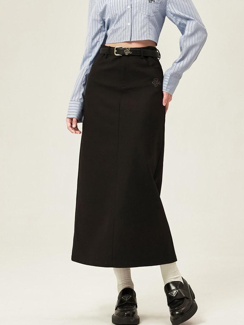 ikyou High Waist Embroidered A Line Minimal Office Midi Khaki Black Maxi Skirts