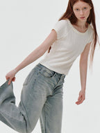 fano Comfortable Relaxed Natural Waist Zipper Fly Light Blue Straight Leg Jeans