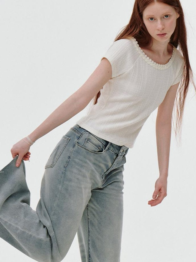 fano Comfortable Relaxed Natural Waist Zipper Fly Light Blue Straight Leg Jeans