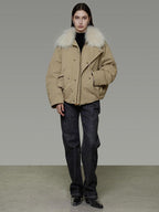 unspoken 90% White Duck Down Fur Collar Loose Commuter Khaki Zip Lapel Down Jackets