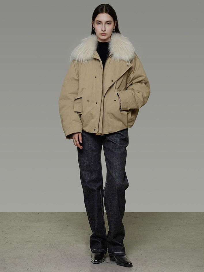 unspoken 90% White Duck Down Fur Collar Loose Commuter Khaki Zip Lapel Down Jackets