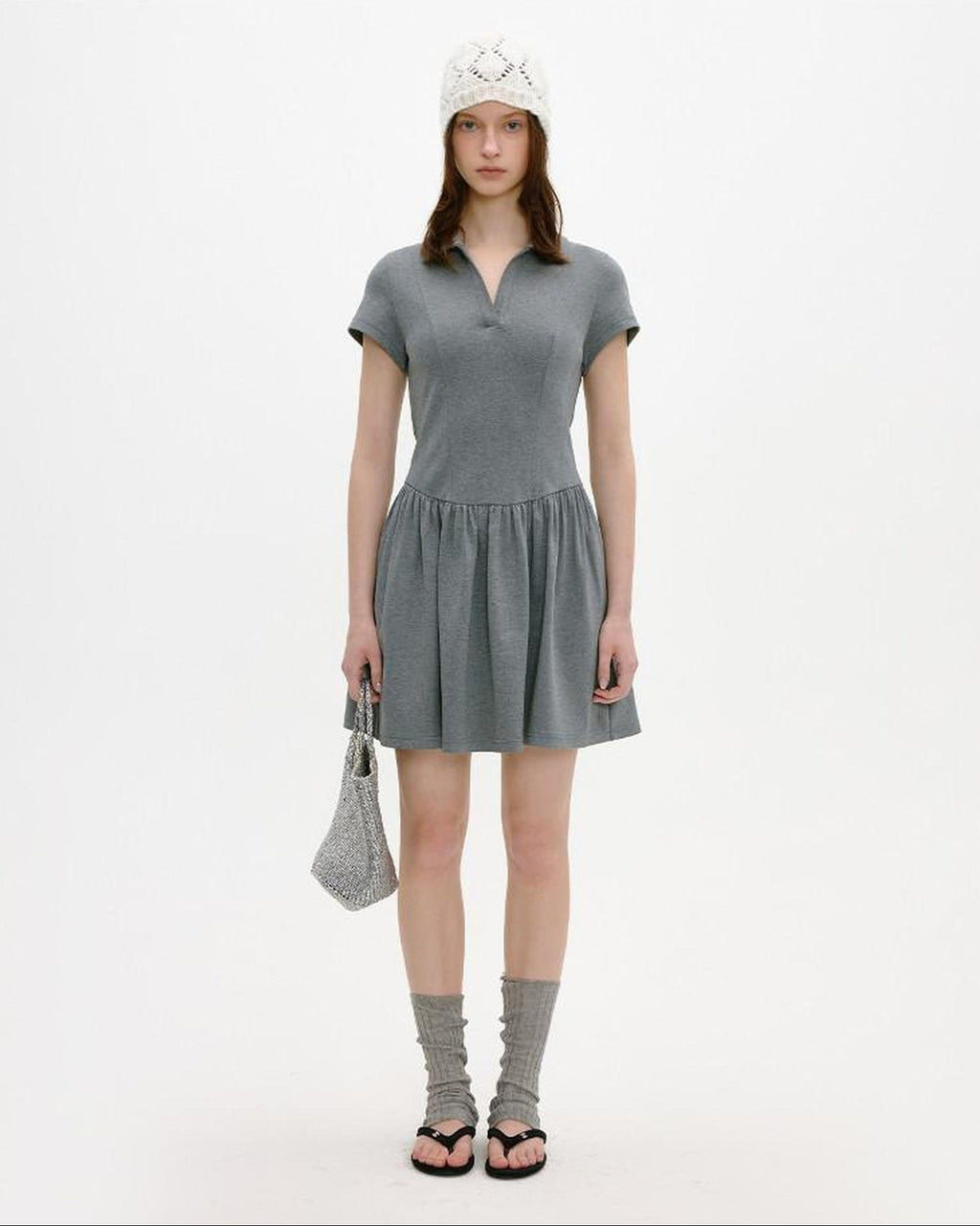 fano Soft Cotton Vintage Polo Collar A Line Natural Waist Girl Deep Gray Midi Dresses