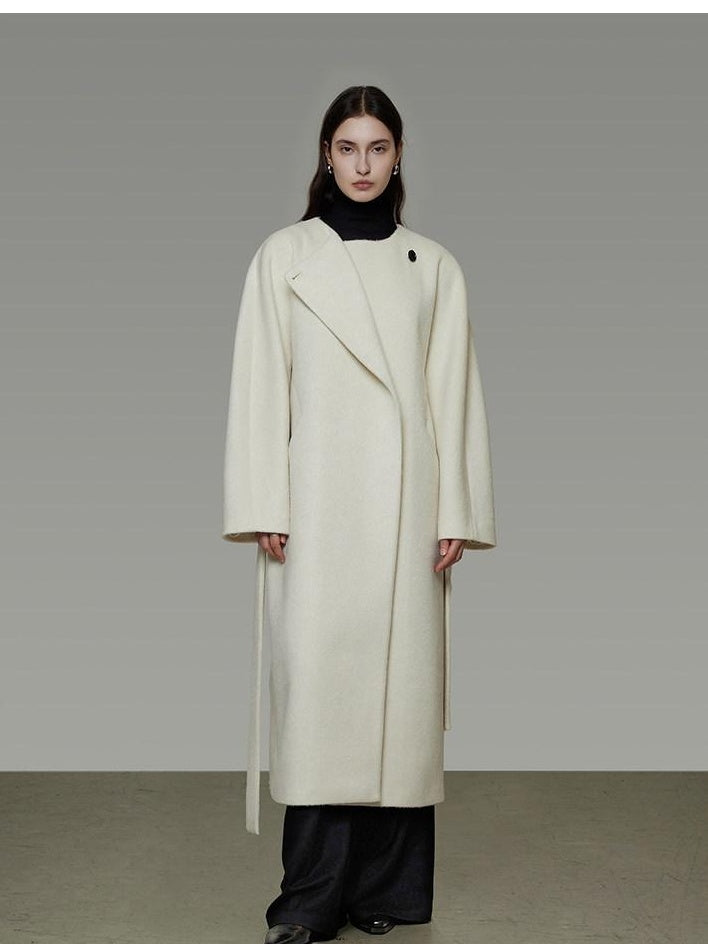 unspoken Lambswool Blend Tie Waist Oversized Commuter Longline White Wool Coats