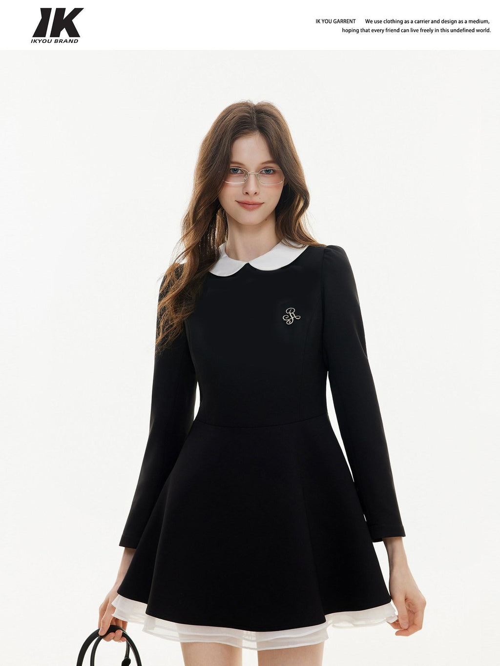 ikyou Elegant Mesh Princess High Waist Doll Collar A Line Black Midi Dresses