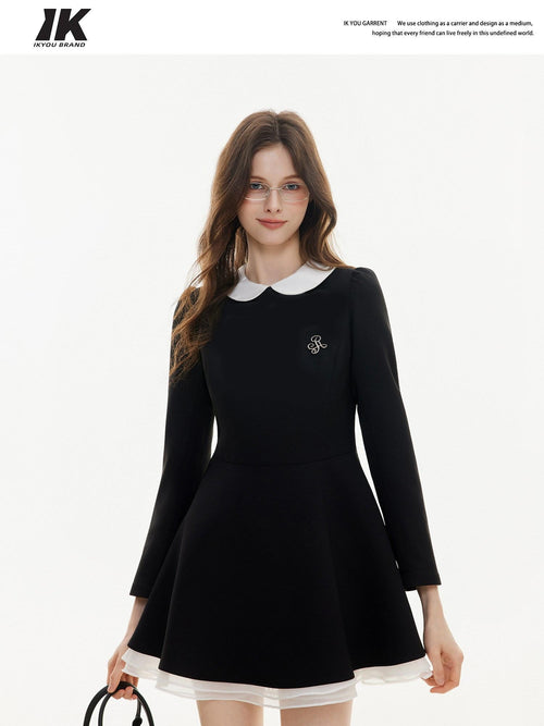 ikyou Elegant Mesh Princess High Waist Doll Collar A Line Black Midi Dresses