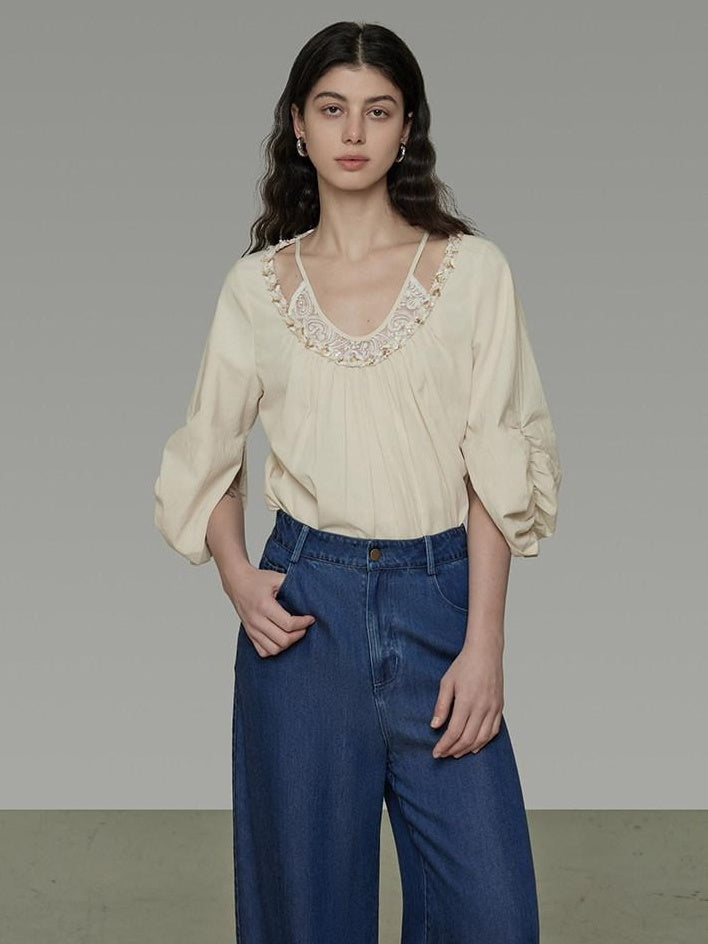 unspoken Durable 100% Cotton Original Relaxed Round Neck Women Beige Solid Blouses