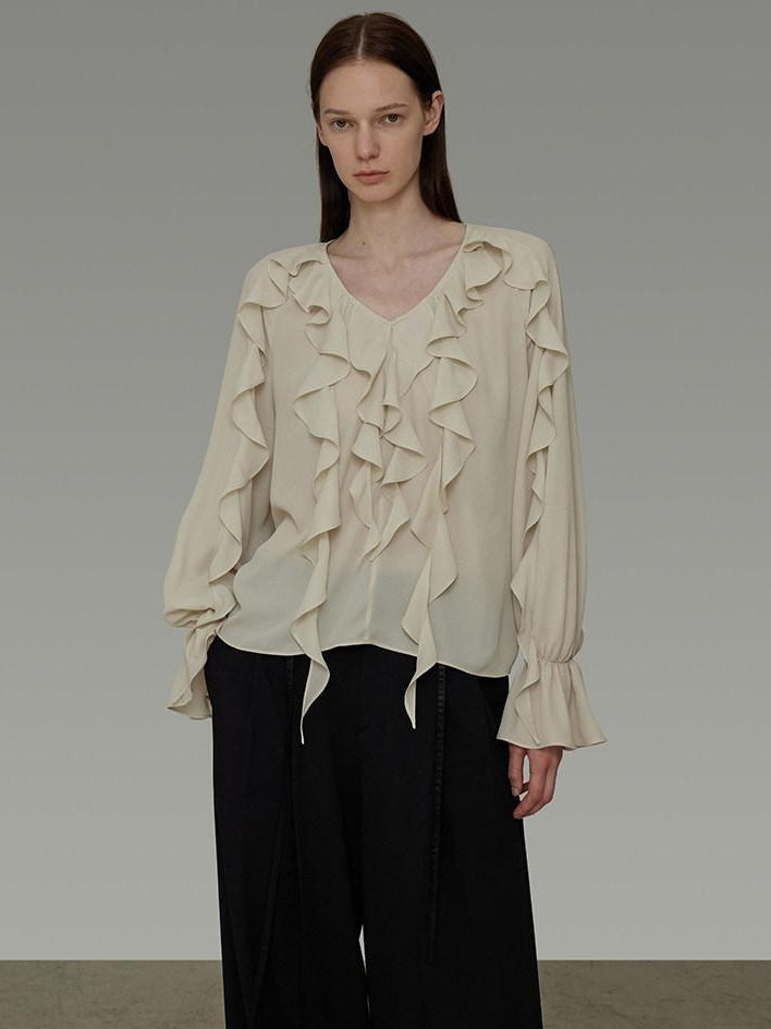 unspoken Breathable Soft Minimalist Commuter Loose Bell Sleeve V-neck Office Blouses