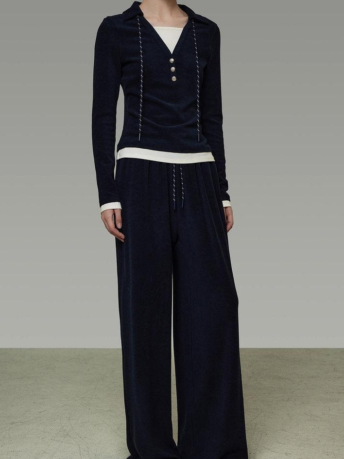 unspoken Breathable Slim Fit V-neck Knit Three Piece High Waist Navy Women Lounge Sets