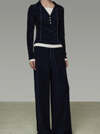 unspoken Breathable Slim Fit V-neck Knit Three Piece High Waist Navy Women Lounge Sets