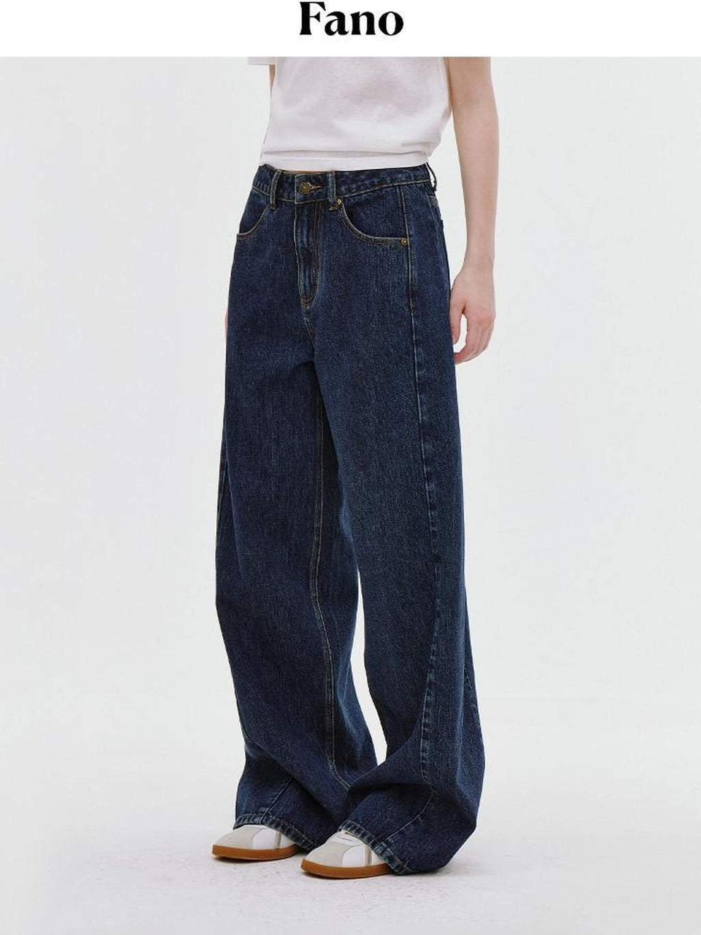 fano Deep Blue Natural Waist Relaxed Casual Zip Fly No Stretch Wide Leg Jeans