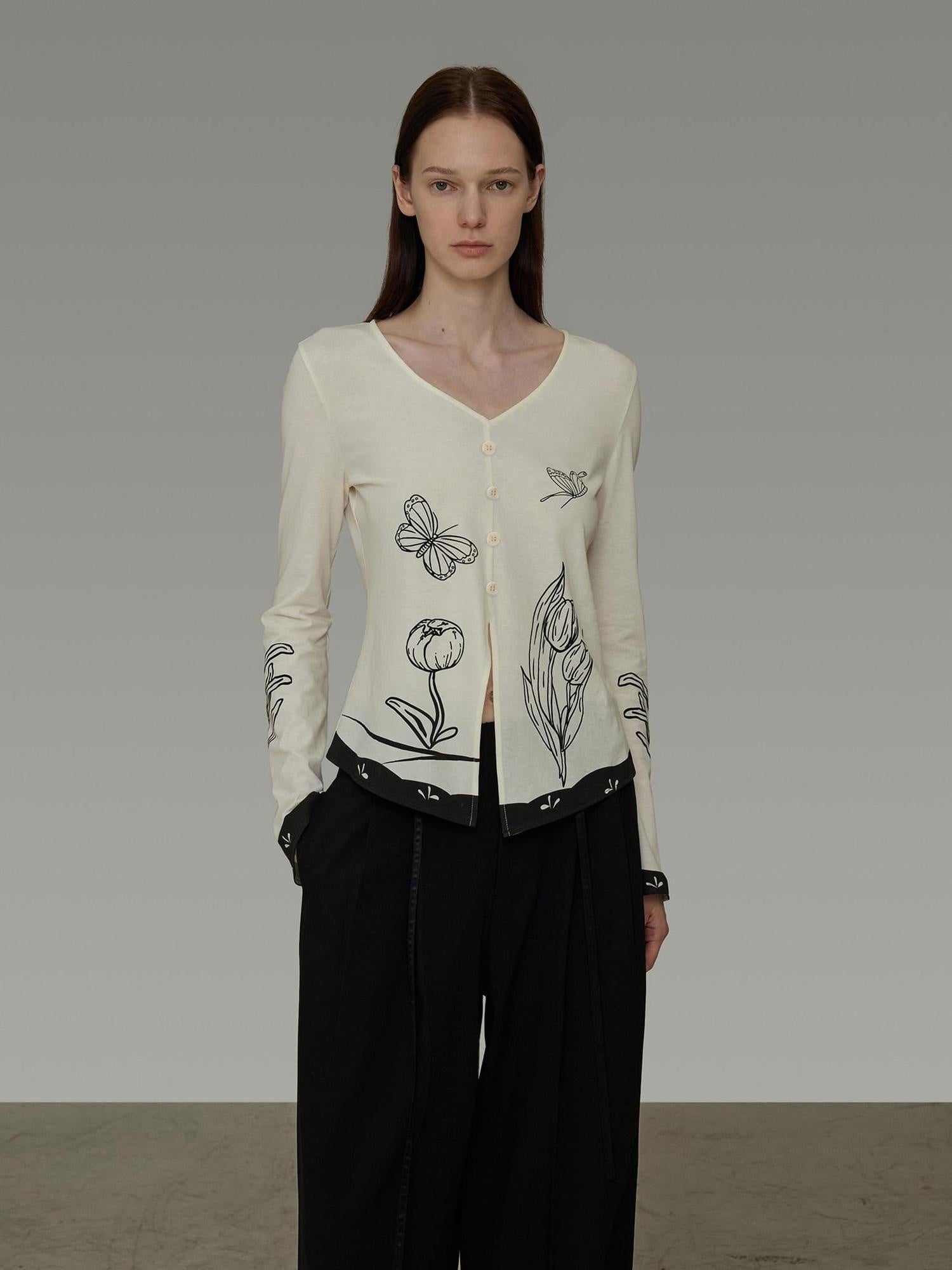 unspoken Soft Cotton Blend Relaxed Fit Floral Print V-neck Long Sleeve Women Blouses