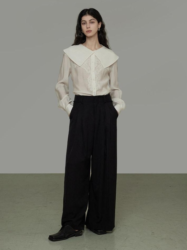 unspoken Lyocell Embroidered Doll Collar Loose Fit Women White Button Long Sleeve Blouses