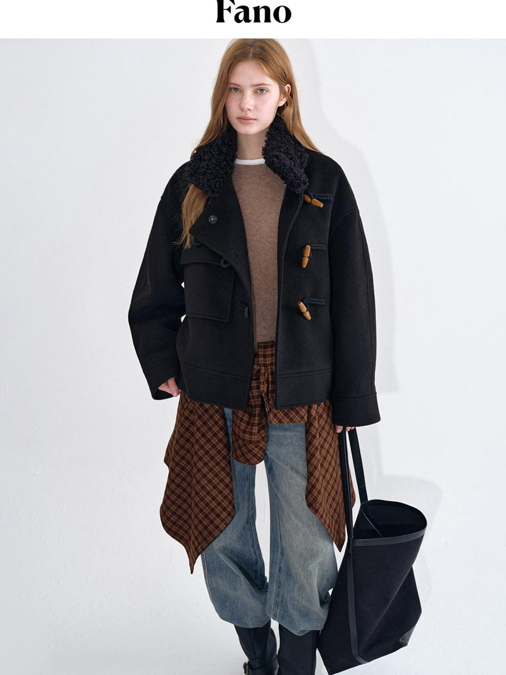 fano Soft Wool Blend Korean Oversized Lapel Collar Women Office Black Solid Short Coat