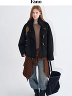 fano Soft Wool Blend Korean Oversized Lapel Collar Women Office Black Solid Short Coat