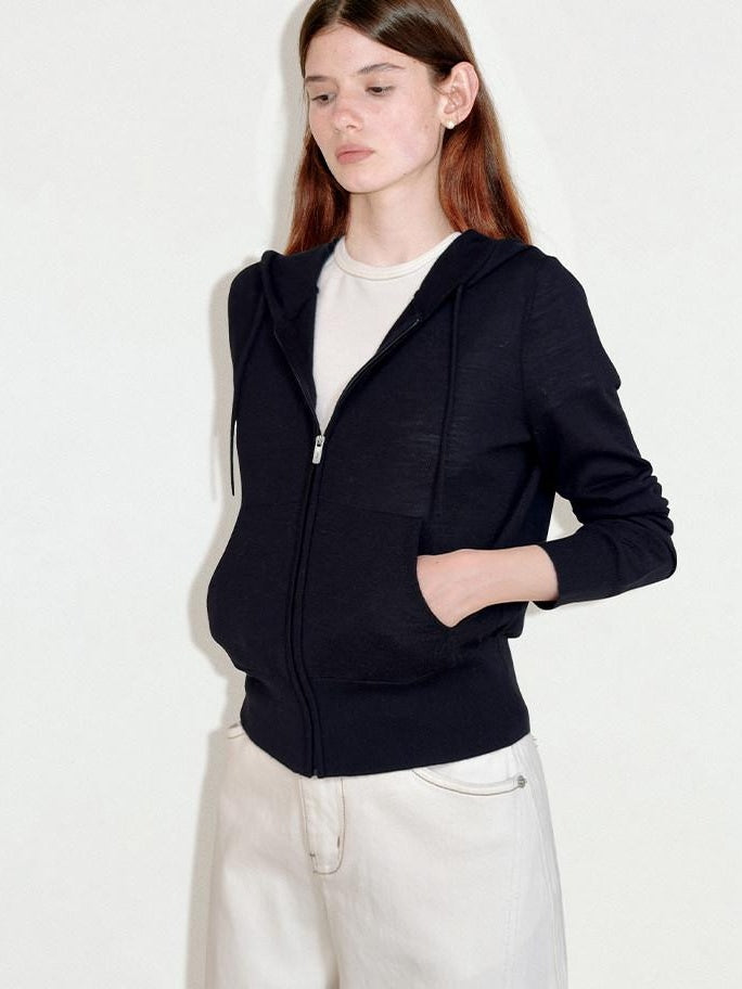 fano Cozy Wool Blend Zip Up Loose Fit Casual Long Sleeve Black Women Hoodie