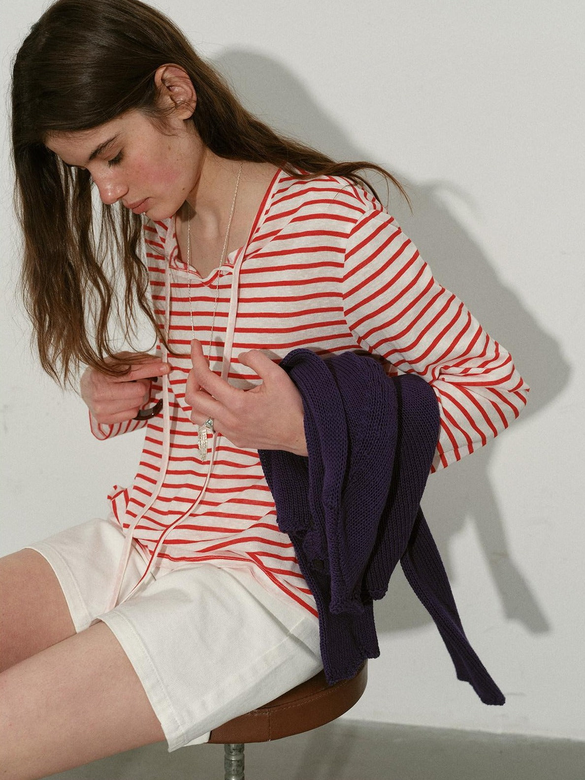 Lofi choose Soft Knit Loose Fit Commuter Women Red White Striped Long Sleeve T-Shirts