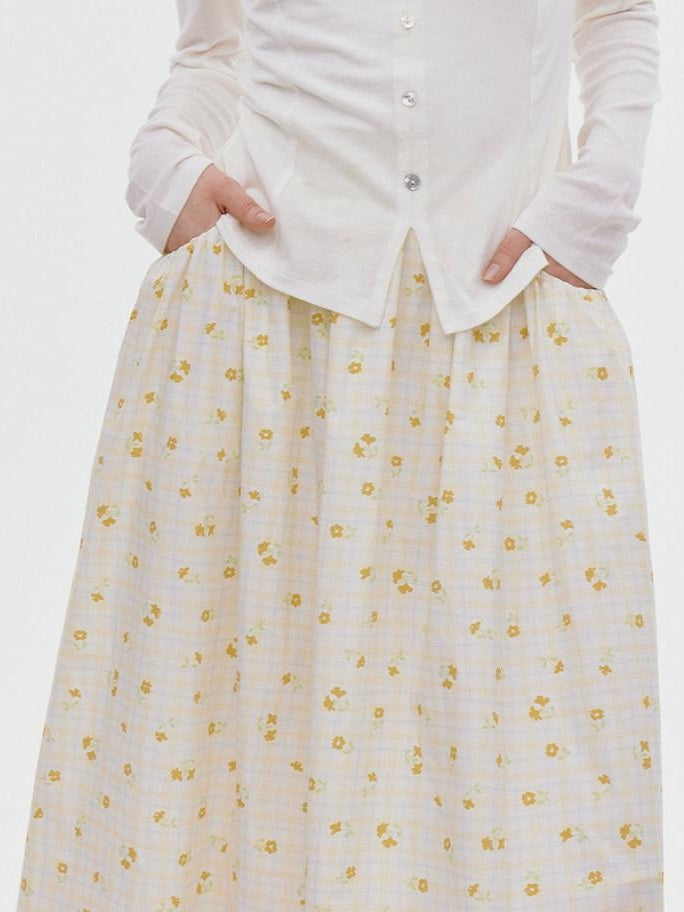 fano Lined 100% Cotton Soft Plaid A Line Mid Waist Loose Fit Korean Maxi Skirts