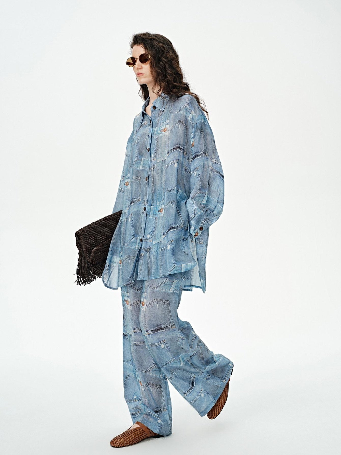 audreyyang Breathable Rayon Loose Fit Lapel Button Floral Denim Top & Pants Sets
