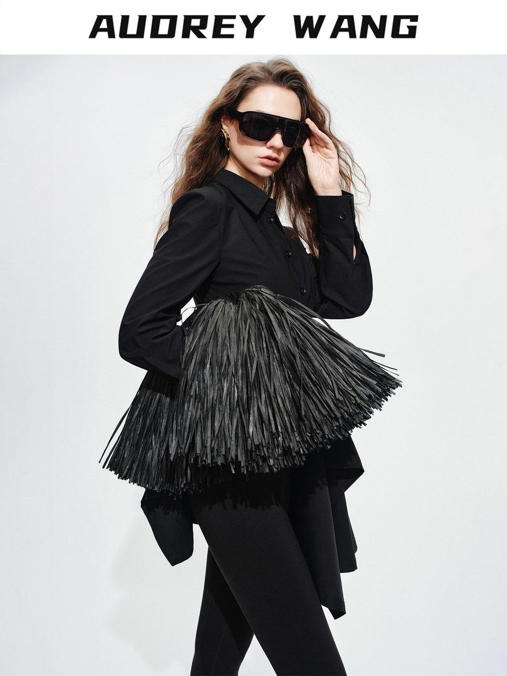 audreyyang Vintage Loose Square Neck Long Sleeve Midi Cardigan Black Polyester Blouses