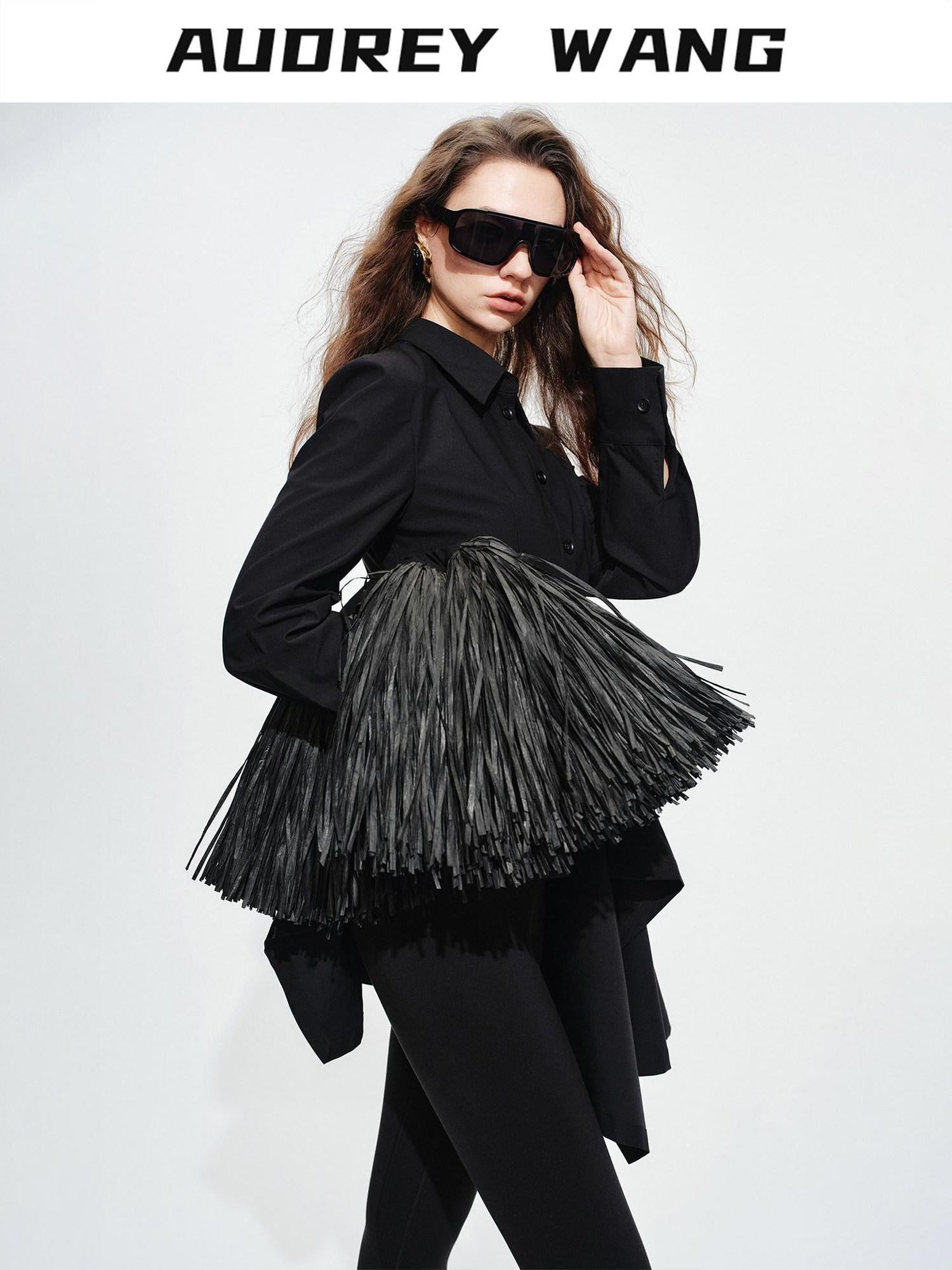 audreyyang Vintage Loose Square Neck Long Sleeve Midi Cardigan Black Polyester Blouses