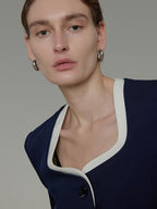 unspoken Durable Shape Loose Office Button Flap Pocket Women Navy Cropped Jackets