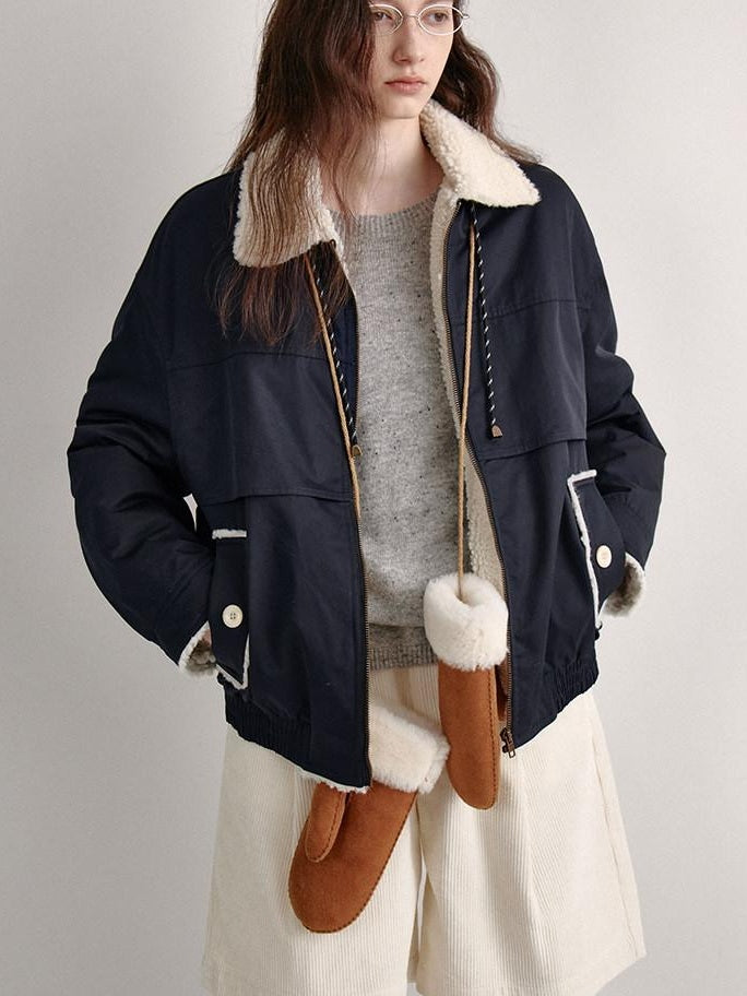 fano Patchwork Cozy Relaxed Loose Fit Commuter Navy Zipper Long Sleeve Puffer Jackets