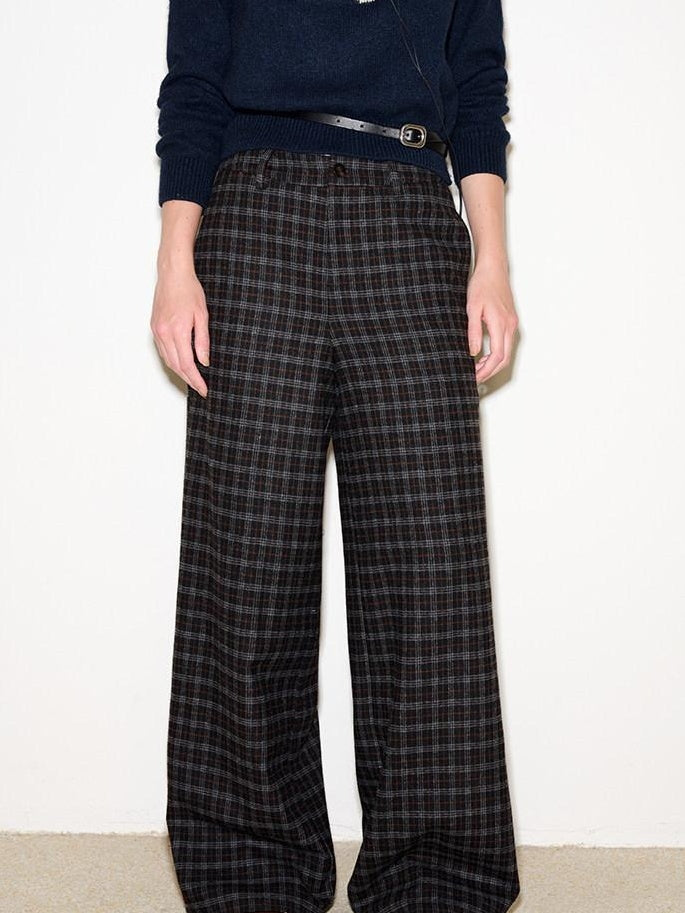 fano Wool Blend Plaid Relaxed Natural Waist Elastic Pocket Women Straight Pants