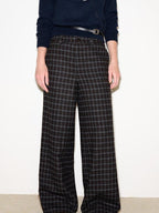 fano Wool Blend Plaid Relaxed Natural Waist Elastic Pocket Women Straight Pants