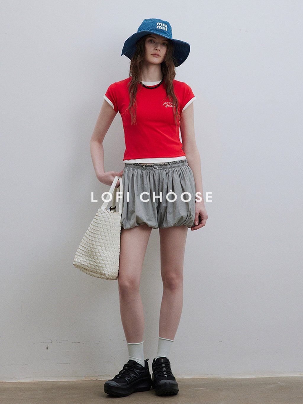 Lofi choose Loose Fit Round Neck Commuter Office Red Blue Short Sleeve T-Shirts
