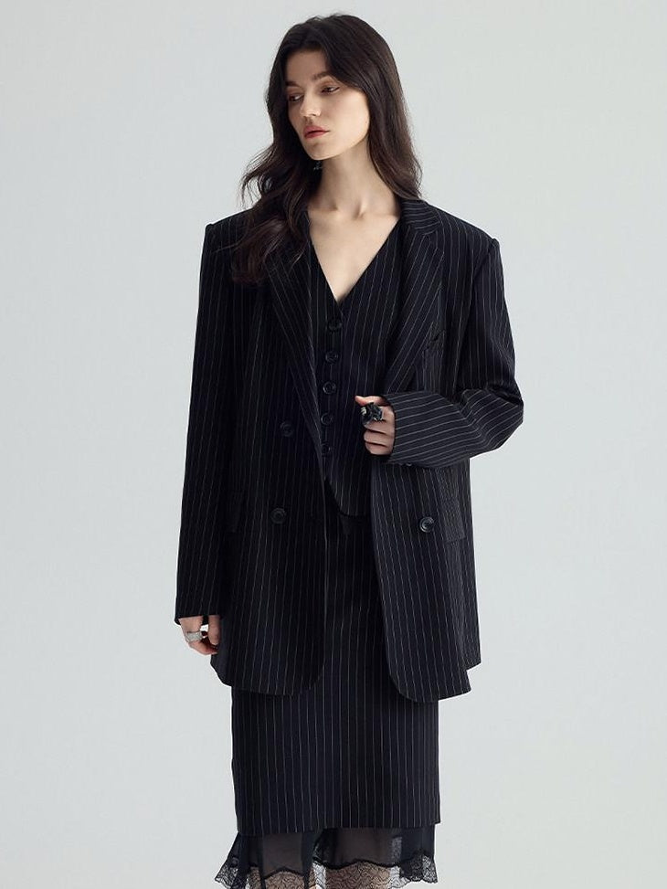 audreyyang Original Design Relaxed Fit Double Breasted Women Black Polyester Blazers