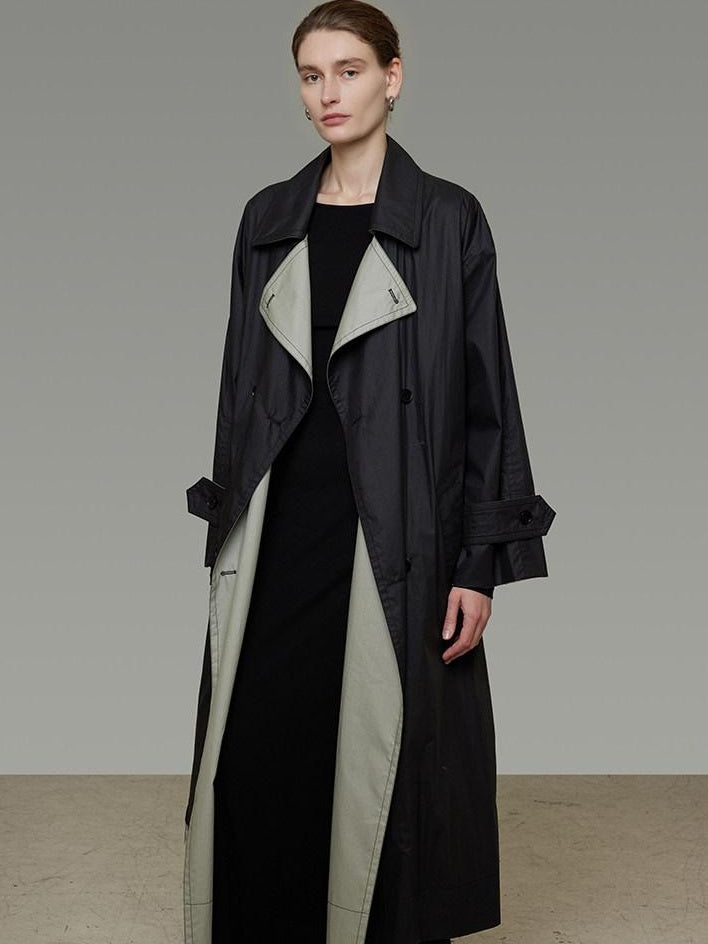 unspoken Minimal Commuter Long Double Breasted Loose Fit Women Black Olive Trench Coats