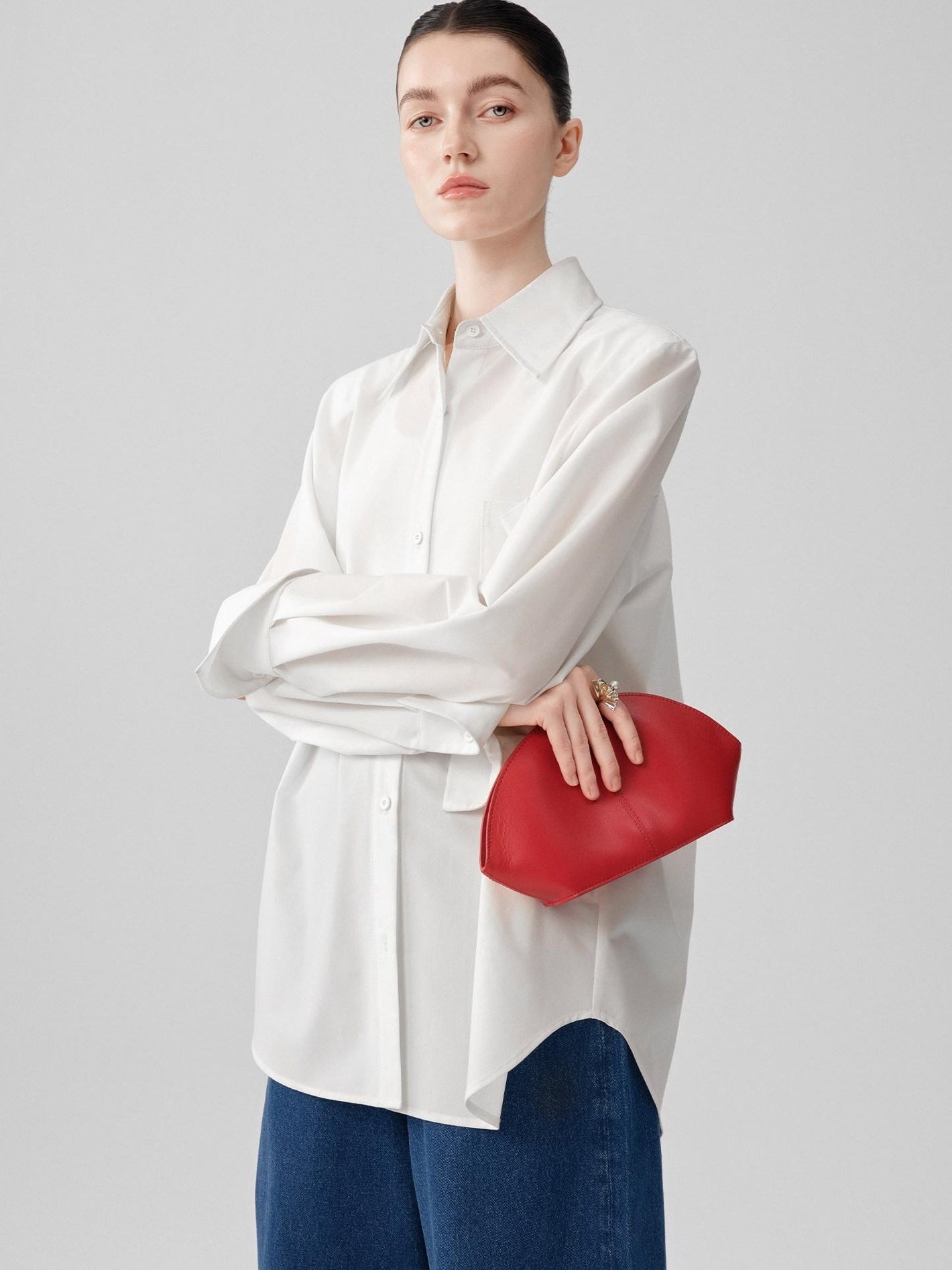 audreyyang Comfortable Polyester Blend Loose Lapel Button Long Sleeve Commuter White Shirts