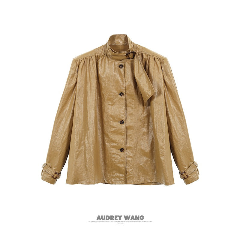 audreyyang_Slimming_Loose_Cuffed_Sleeves_Button_Women_Mustard_Green_Leather_Jackets_MISSTT