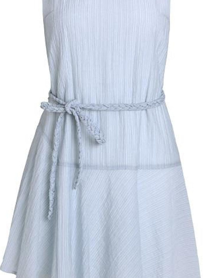 fano Elegant High Waist Aline Sleeveless Tie Waist Lyocell Light Blue Midi Dresses