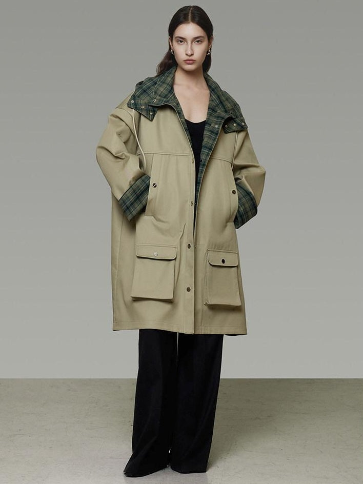 unspoken Breathable Pure Cotton Minimalist Loose Midlength Women Plaid Khaki Trench Coats