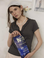 Lofi choose Comfortable V-neck Slim Fit Casual Women Dark Gray Green Short Sleeve T-Shirts