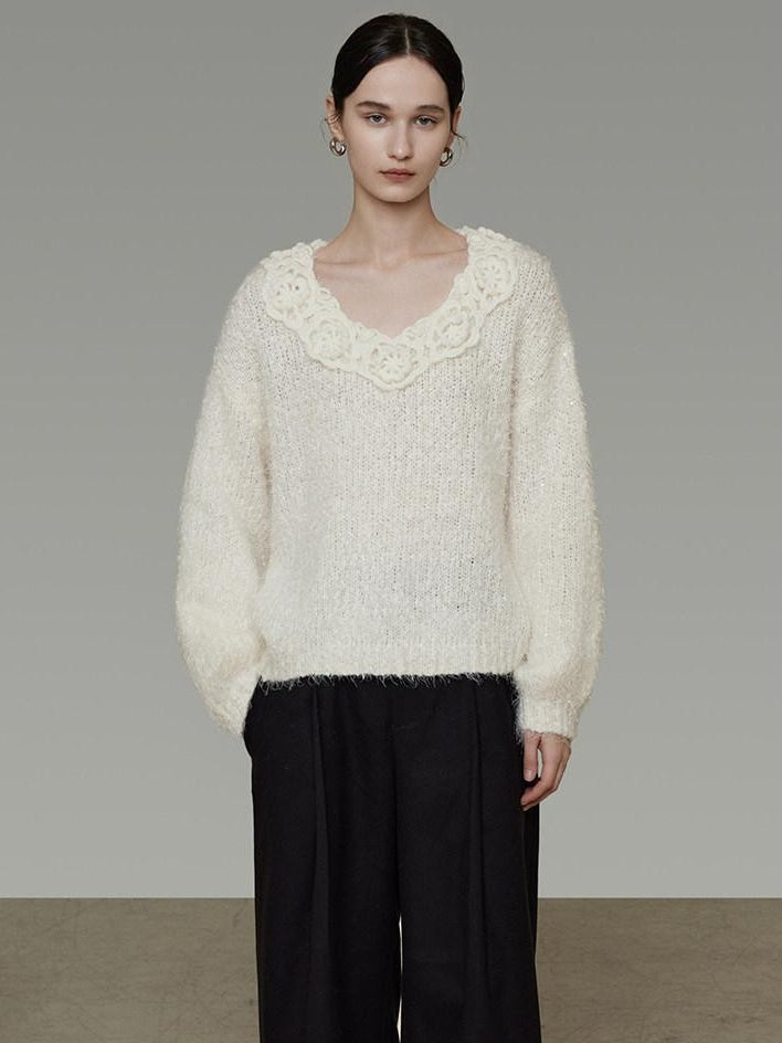 unspoken Cozy Minimal Commuter V-neck Crochet Knit Loose Women Pullover Sweaters