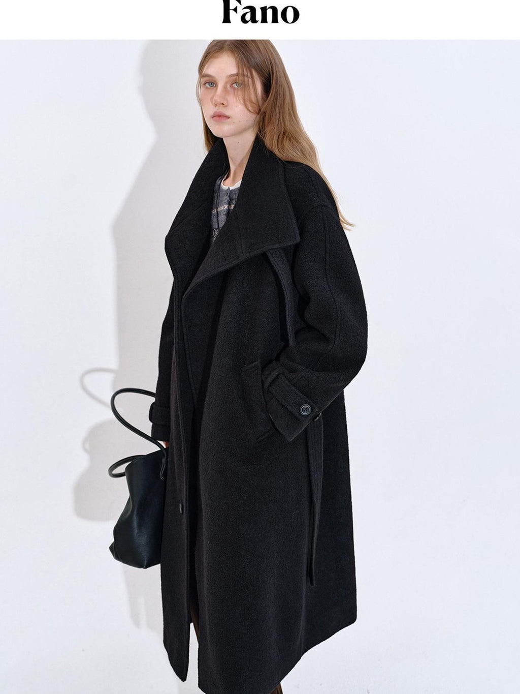 fano Premium Wool Blend Long Notch Collar Relaxed Black Korean Women Wool Coats