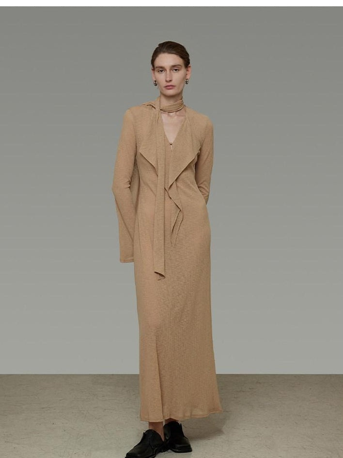 unspoken Breathable High Waist Sash V-neck Aline Longsleeve Office Polyester Maxi Dresses