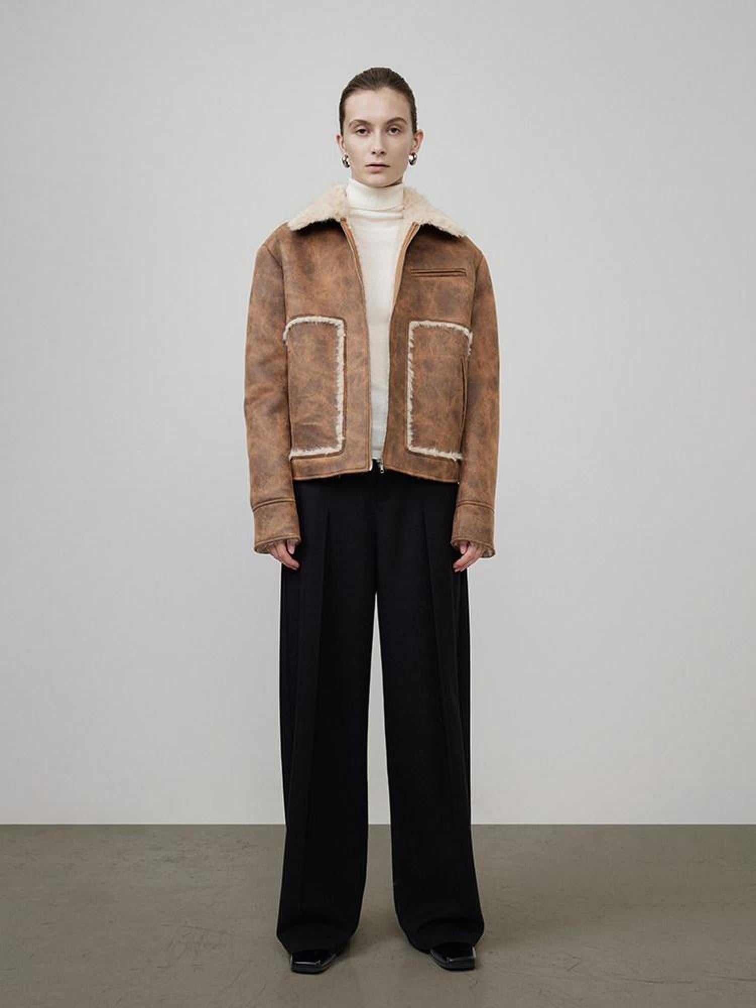 unspoken Faux Fur Lined Oversized Zip Pocket Barn Style Women Khaki Leather Jackets
