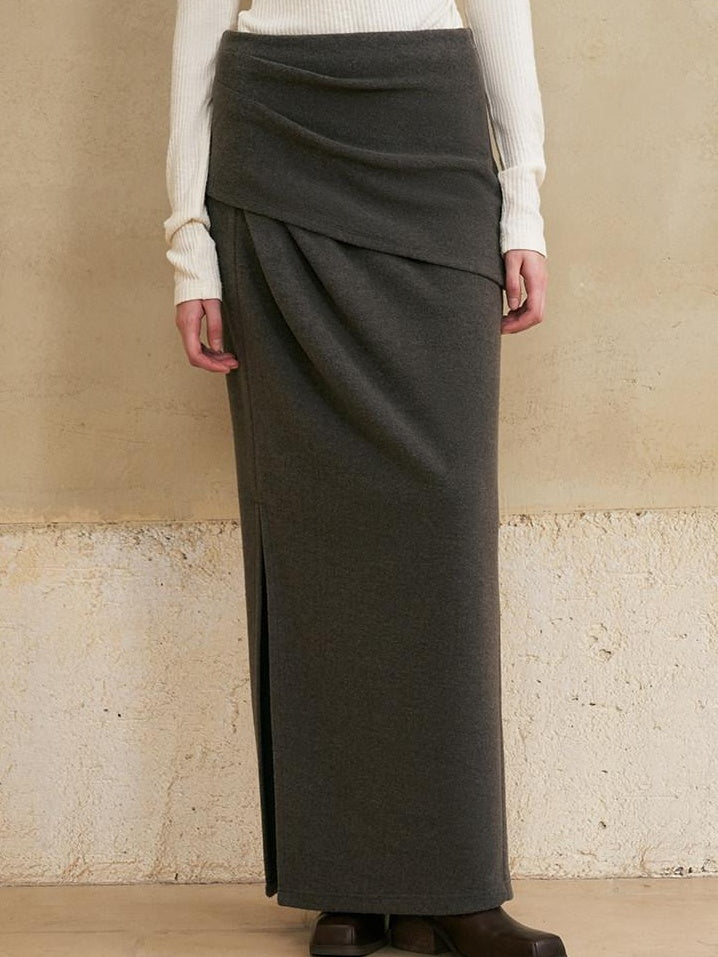 someone sometimes Versatile Lined Knit Slit Straight H Line Mid Waist Women Casual Maxi Skirts
