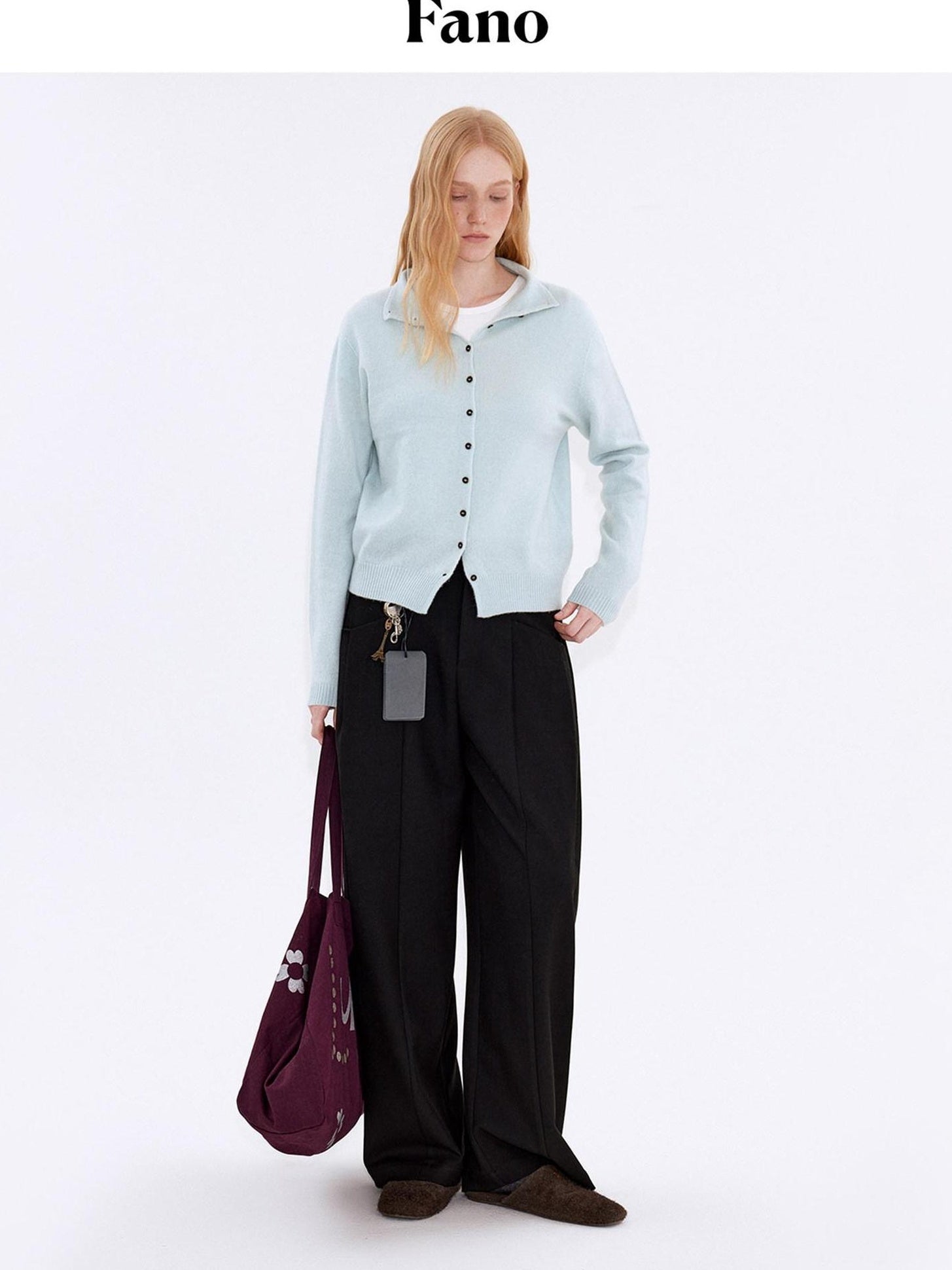 fano Wool Cashmere Blend Warm High Neck Loose Fit Women Button Solid Cardigans